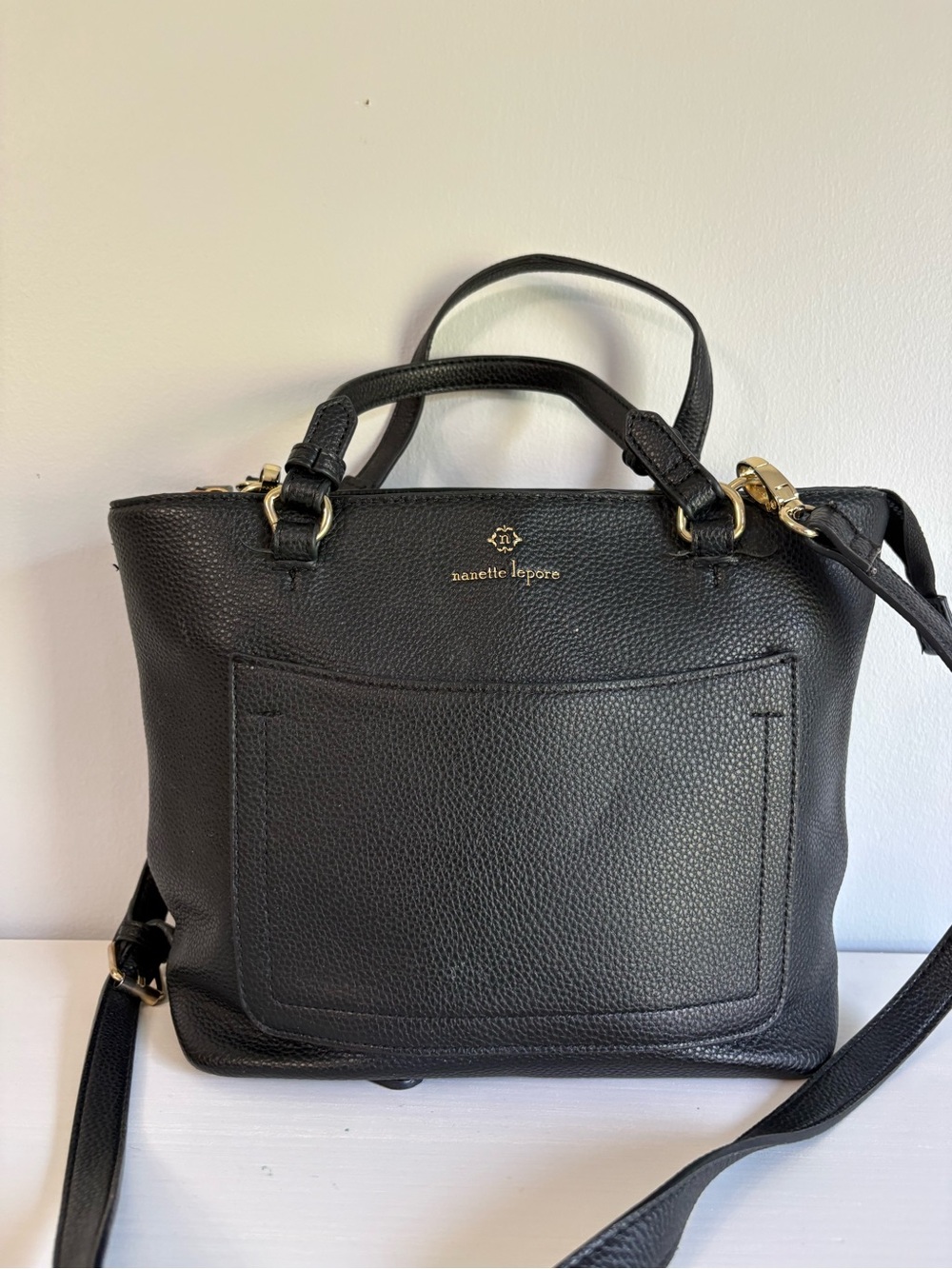 Nanette Lepore Black Pebbled Satchel Crossbody Bag Minimalist Flaw Adjusted